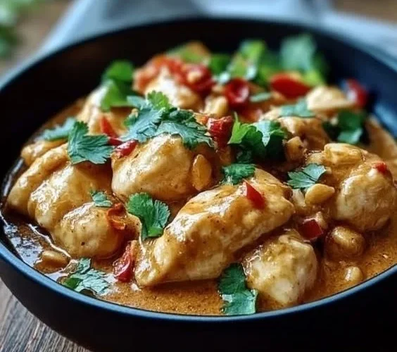 Delicious Thai Peanut Chicken made in a Crockpot for easy cooking.