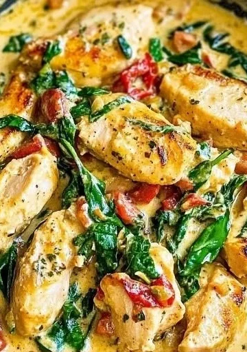 Creamy Tuscan Chicken served with herbs and vegetables on a plate