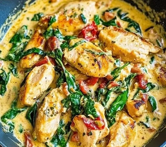 Creamy Tuscan Chicken served with herbs and vegetables on a plate