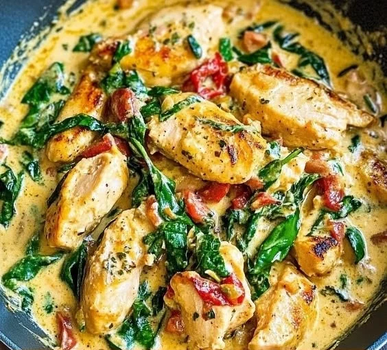 Creamy Tuscan Chicken served with herbs and vegetables on a plate