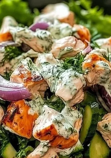 Delicious Tzatziki Chicken Salad with fresh ingredients and vibrant flavors.