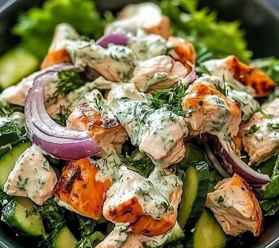 Delicious Tzatziki Chicken Salad with fresh ingredients and vibrant flavors.