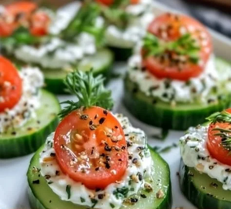 Zesty cucumber cottage cheese bites served on a platter with herbs