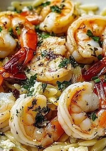 Delicious Lemon Feta Orzo with shrimp served in a vibrant dish.