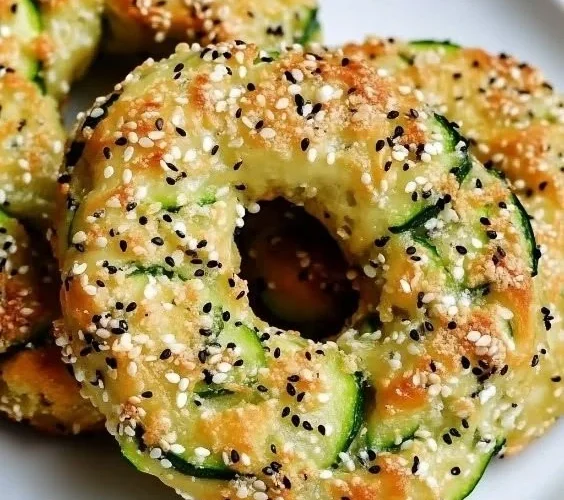 Freshly baked zucchini bagels with a golden crust and veggie filling