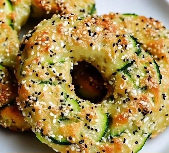 Freshly baked zucchini bagels with a golden crust and veggie filling